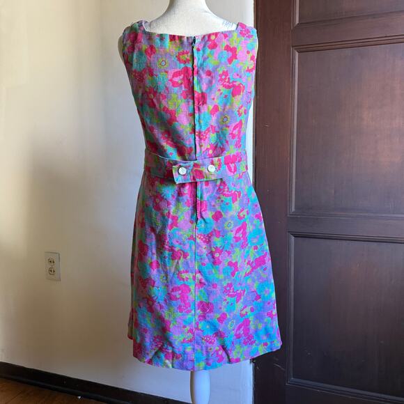 1960s Vintage Handmade Pink and Blue Floral Linen High Neck Shift Dress | Medium - Picture 2 of 7